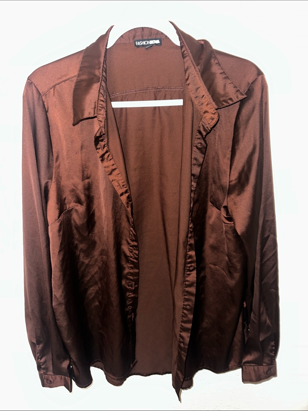 Fashion Nova Brown Satin Open Front Top